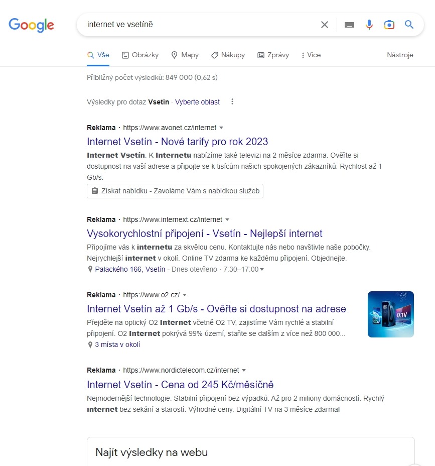 Ukázka PPC reklamy ve vyhledávání Googlu